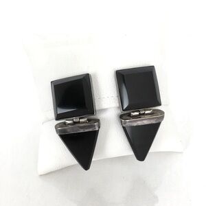 Vintage Art Deco Sterling Silver & Black Onyx Clip On Earrings Square Rectangle